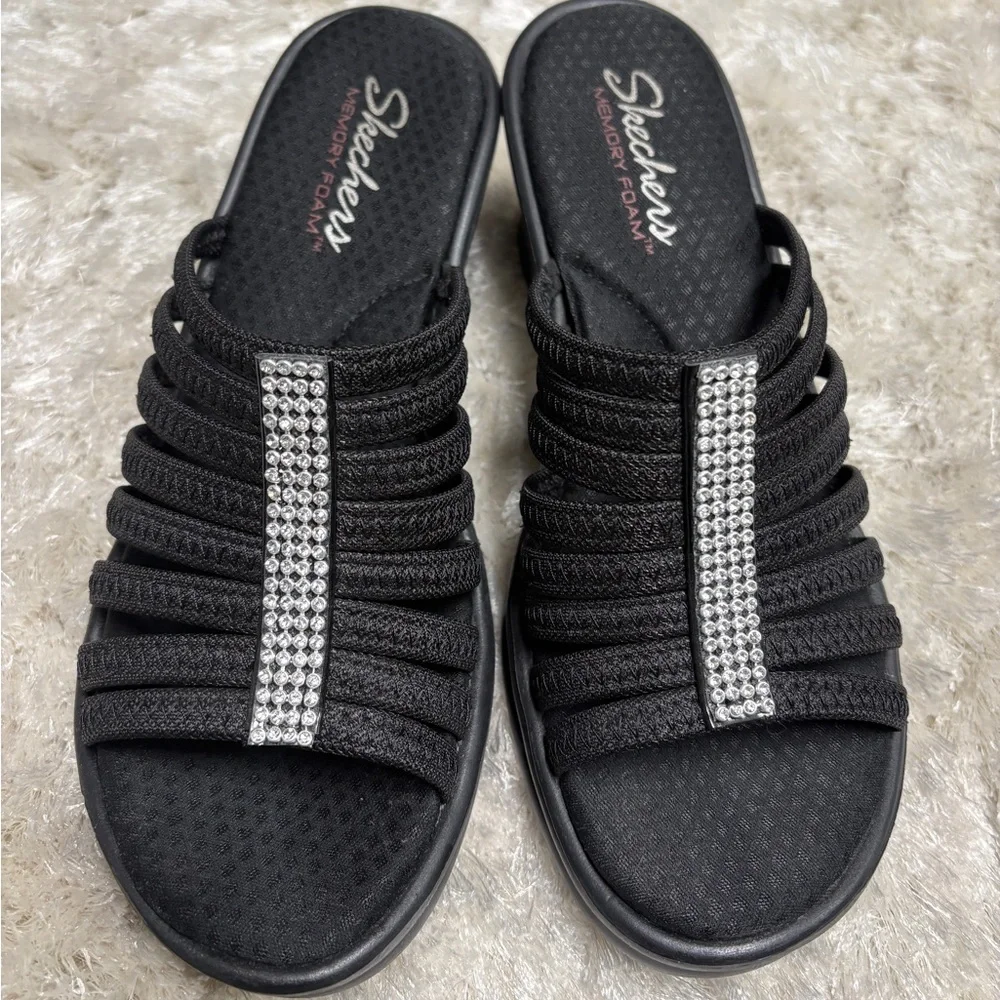 Skechers Rhinestone Black Wedge Sandals - Picture 1 of 3